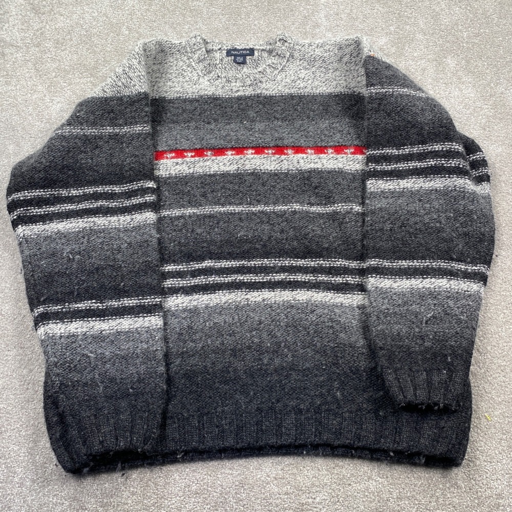 Nautica Sweater Mens XXL Grey Striped 100% Wool Heavy Knit Crewneck Pullover